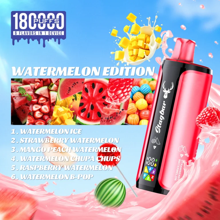 Stag Bar 6IN1 180000 Puffs_WATERMELON ICE & STRAWBERRY WATERMELON & MANGO PEACH WATERMELON & WATERMELON CHUPA CHUPS & RASPBERRY WATERMELON & WATERMELON B-POP1